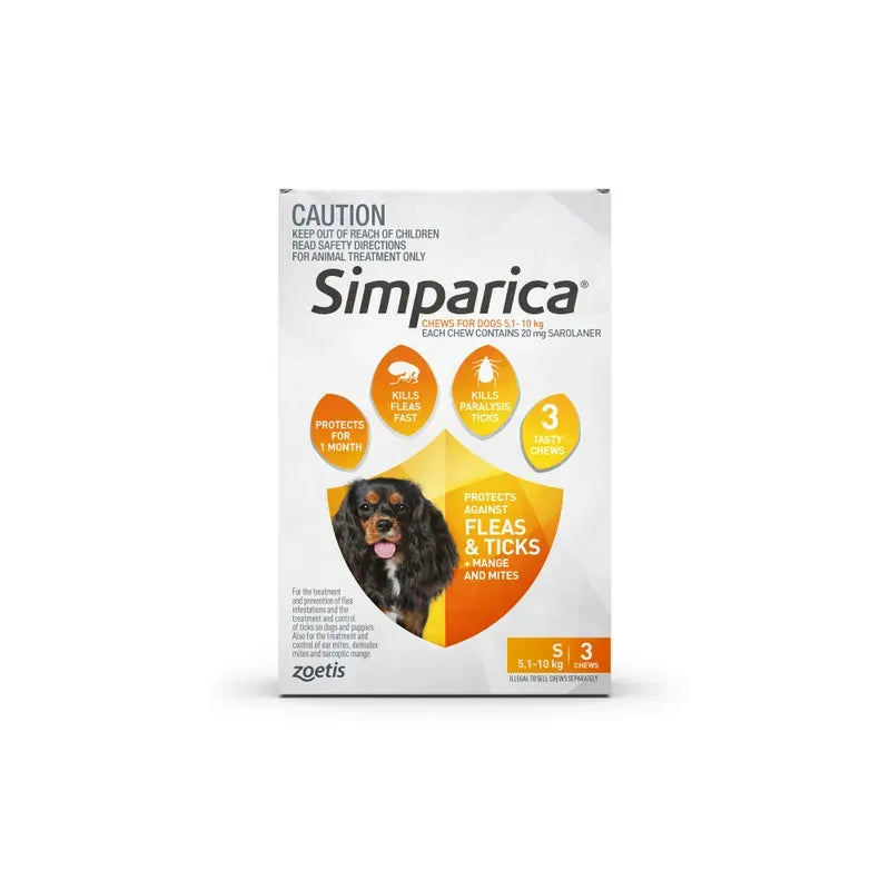 Simparica Chews for Small Dogs 5.1-10kg orange pack, 3 chews