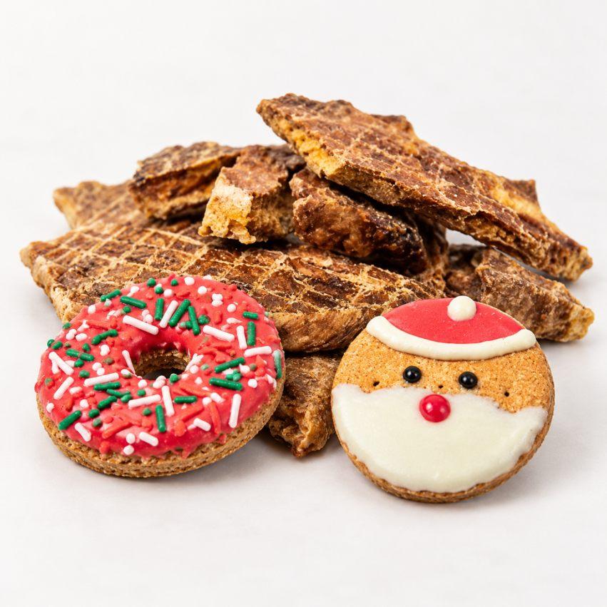 Contents of the Santa Paws Snack Box laid out on a table