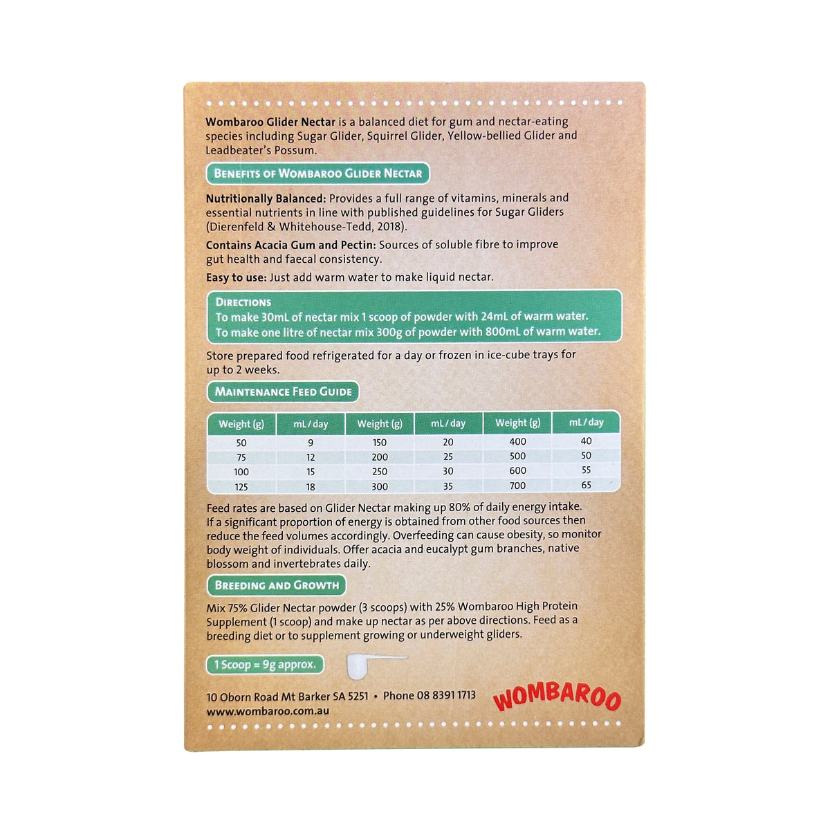 Wombaroo Glider Nectar 300g back label with feeding directions