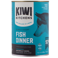 Kiwi Kitchens NZ Wild Caught Fish Dinner canned dog food, front of the 375 g can, carrageenan free.