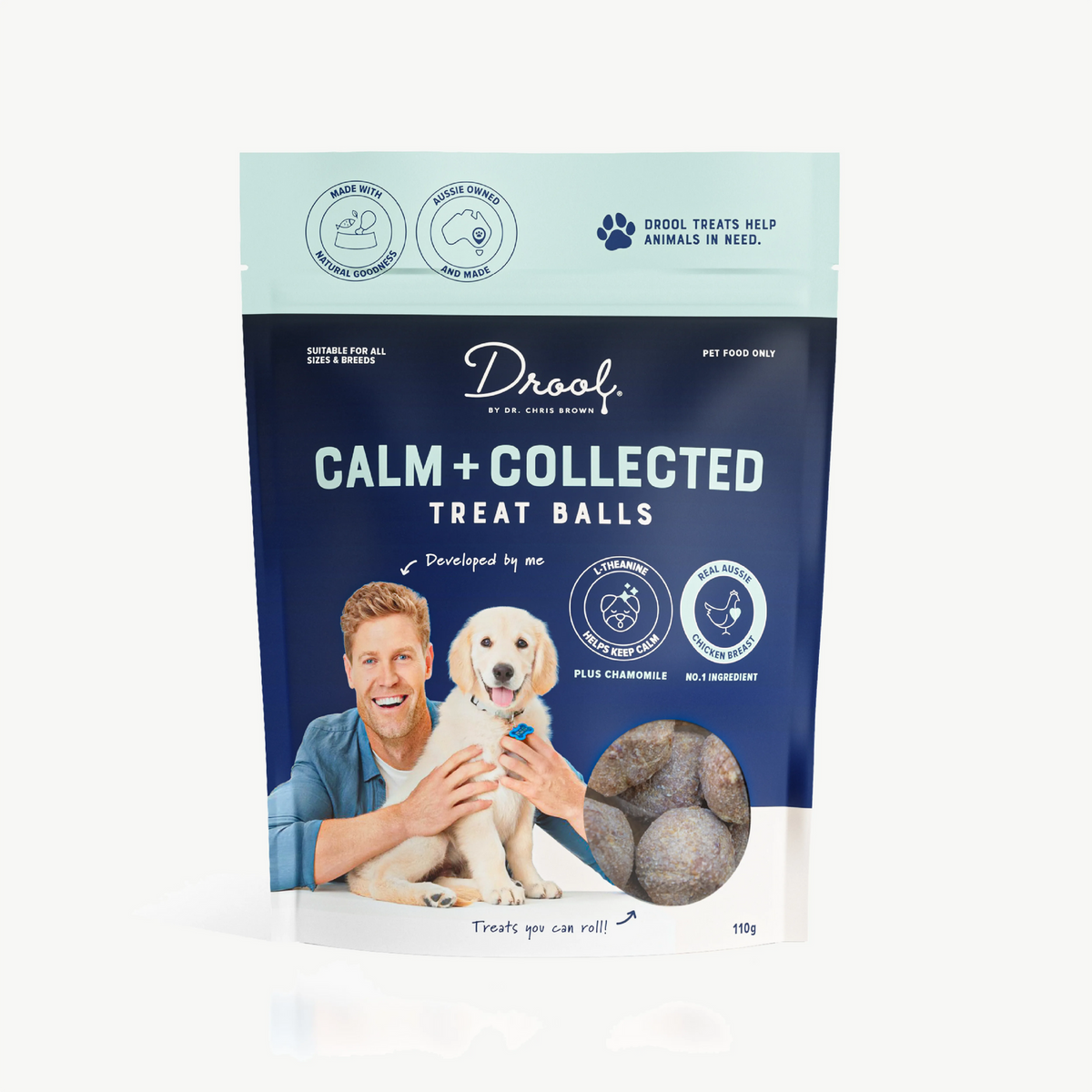 Drool by Dr Chris Brown Calm + Collected Treat Balls 110g pack front
