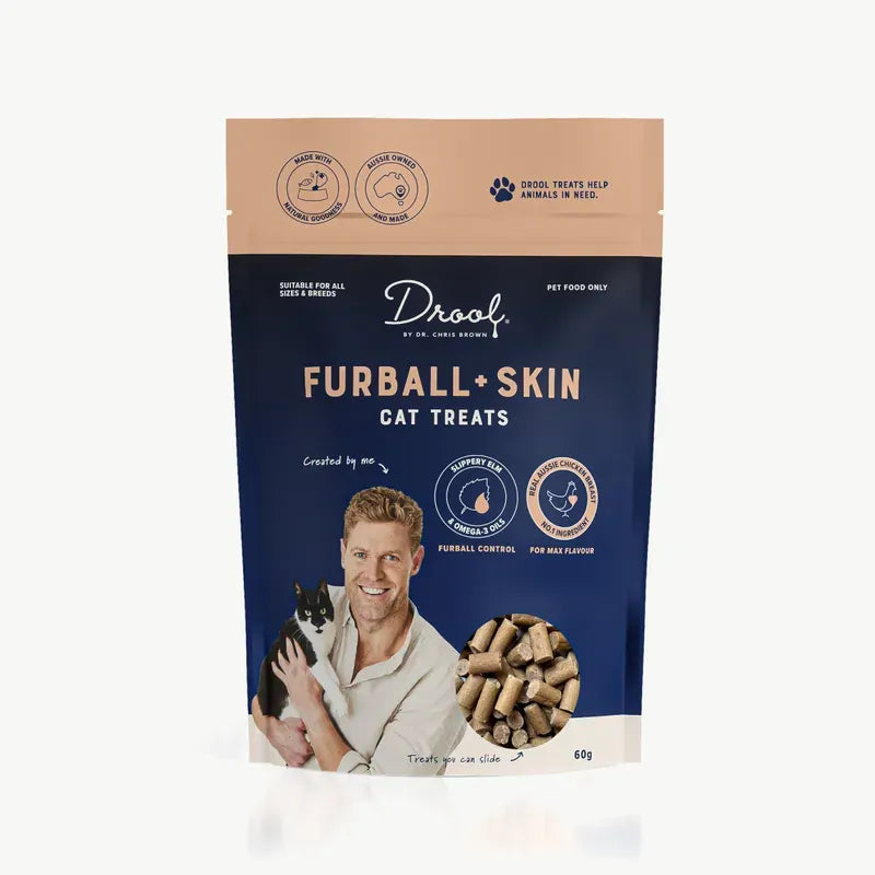 Drool by Dr Chris Brown Furball + Skin Cat Treats 60g pouch front of pack