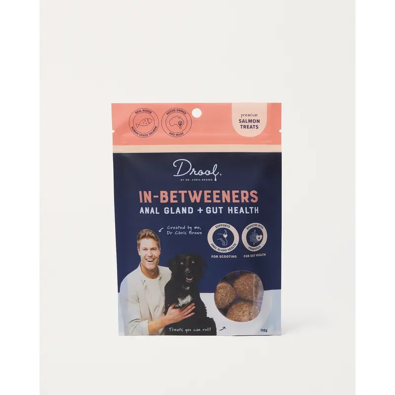 Drool by Dr Chris Brown In-Betweeners Gland + Gut Health treats 110g pack front
