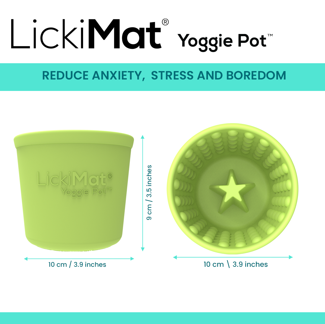 Yoggie Pot size graphic: 9 cm tall and 10 cm across, to reduce anxiety and boredom