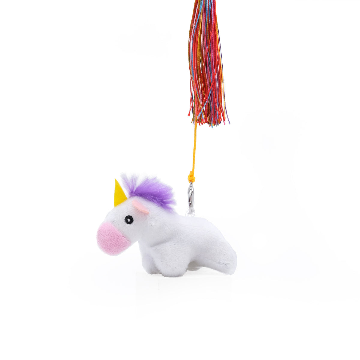 ZippyClaws ZippyStick Unicorn showing the detachable Miniz unicorn toy clipped to the cord