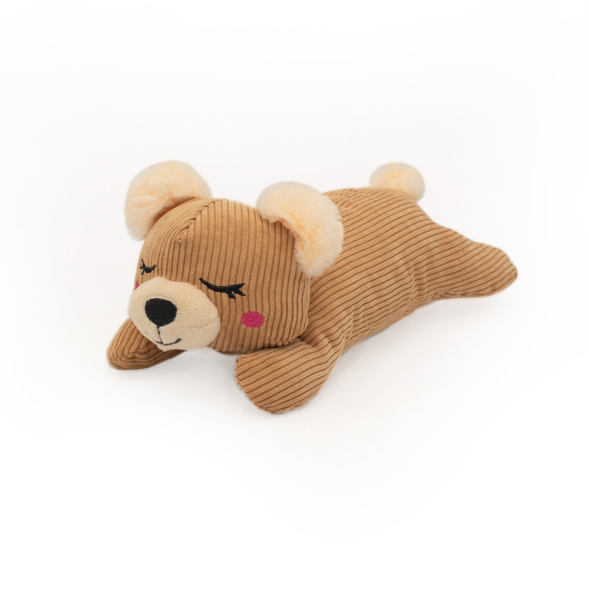 Zippy Paws Snooziez Bear dog toy, corduroy sleeping bear seen from the side
