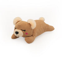 Zippy Paws Snooziez Bear dog toy, corduroy sleeping bear seen from the side