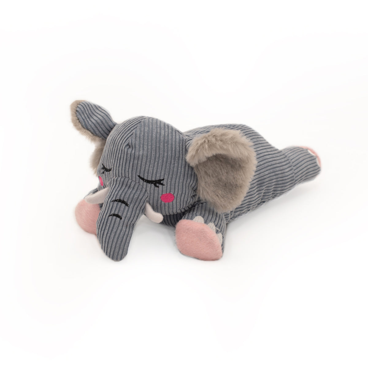 Zippy Paws Snooziez Elephant dog toy, corduroy sleeping elephant seen from the side
