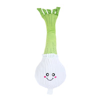 Zippy Paws Jigglerz Onion dog toy, front view of the plush onion with green shoots