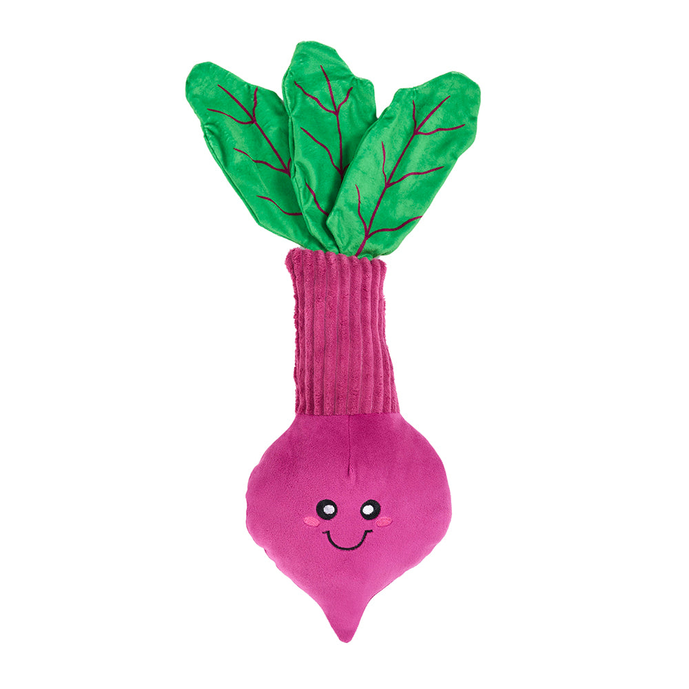 Zippy Paws Jigglerz Beet dog toy, front view of the plush beetroot with green leaves