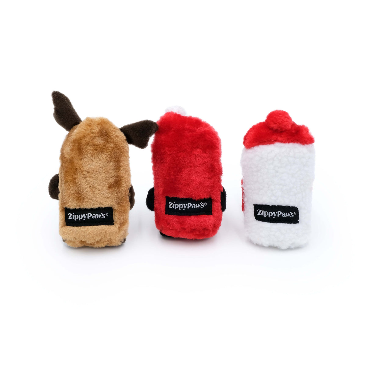 The three Christmas Squeakie Buddies seen from behind