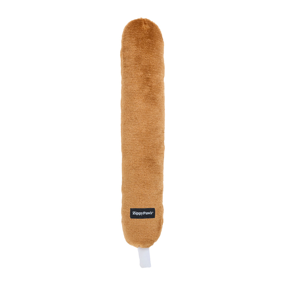 Jigglerz Corn Dog seen from behind with the Zippy Paws tag