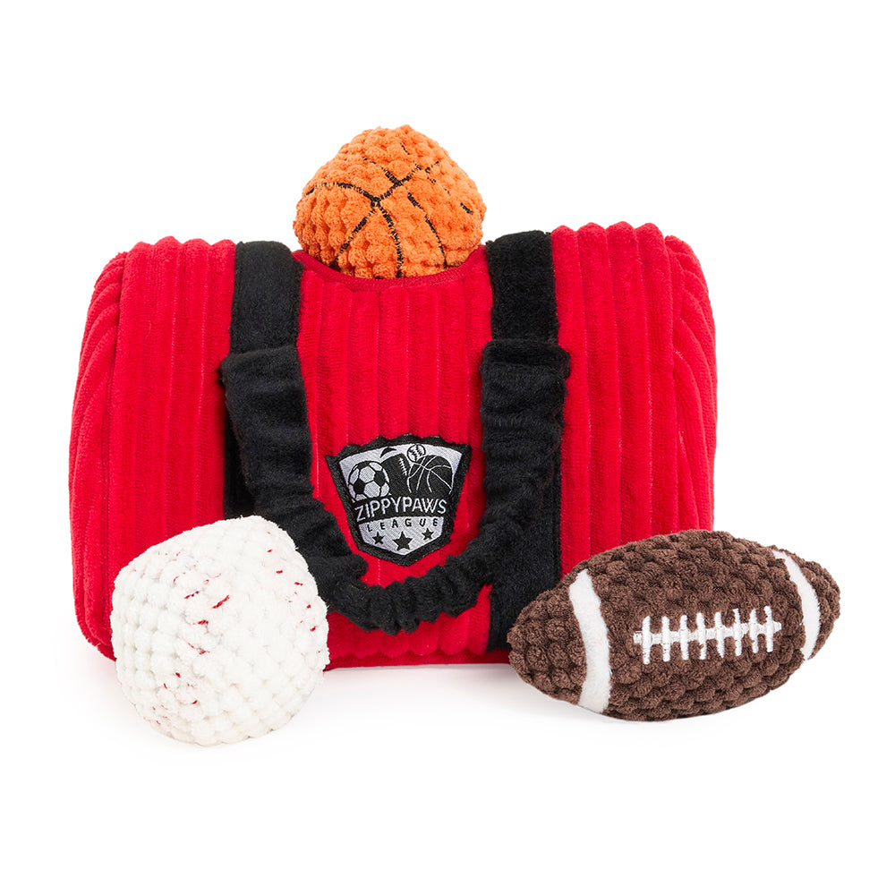 Zippy Paws Plush Burrow Red Gym Bag dog toy with three squeaky balls