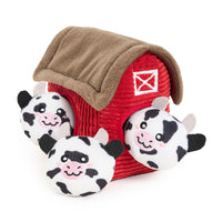 Zippy Paws Plush Burrow Cow Barn dog toy with three squeaky cows in the barn