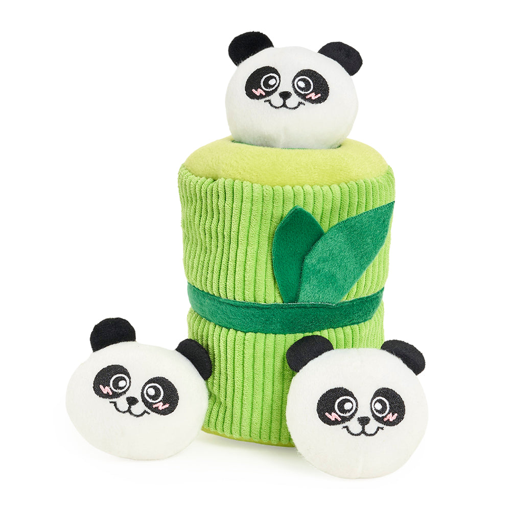 Zippy Paws Plush Burrow Pandas in Bamboo dog toy with three squeaky pandas in the bamboo