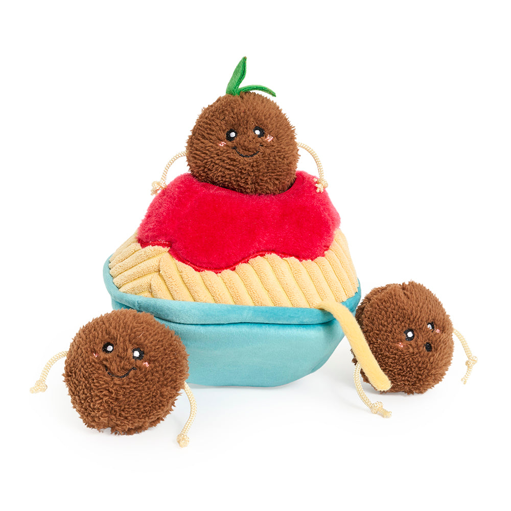 Zippy Paws Plush Burrow Spaghetti and Meatballs dog toy with three squeaky meatballs in the bowl