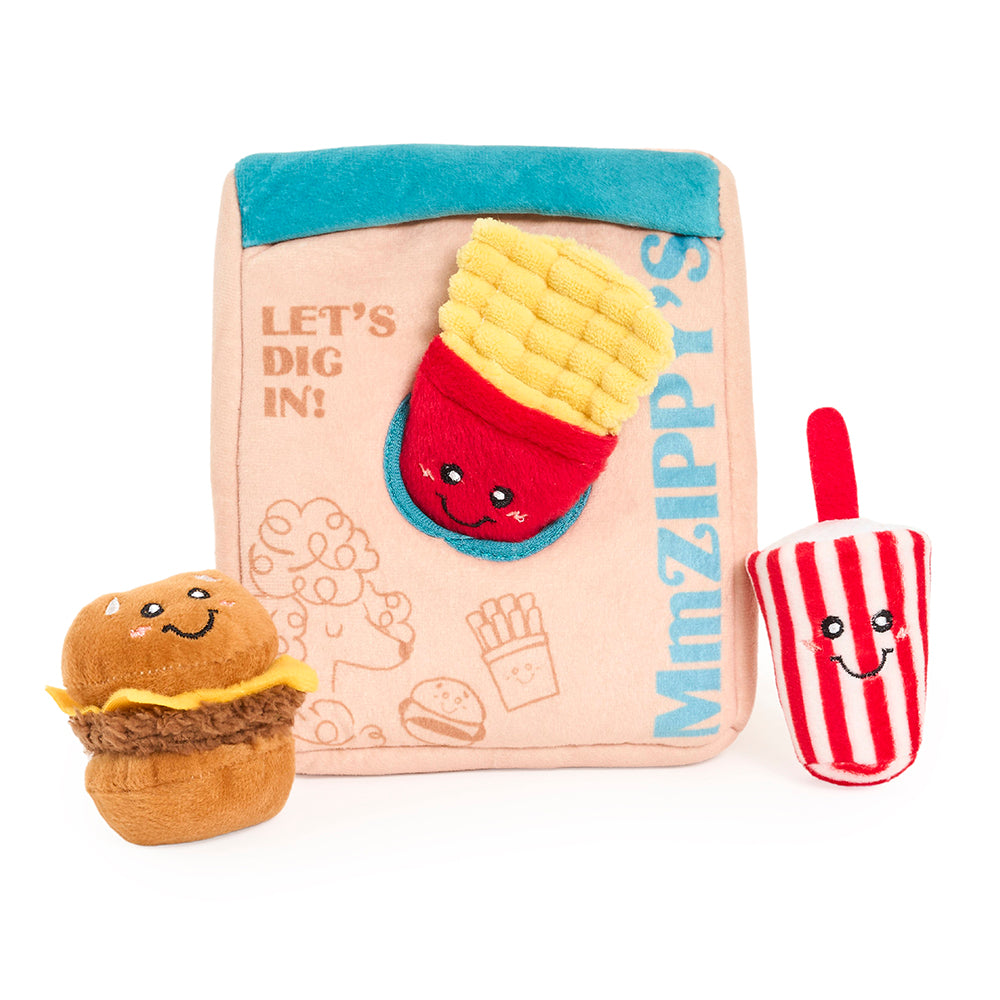 Zippy Paws Plush Burrow Zippy Meal dog toy, takeaway box with burger, fries and drink