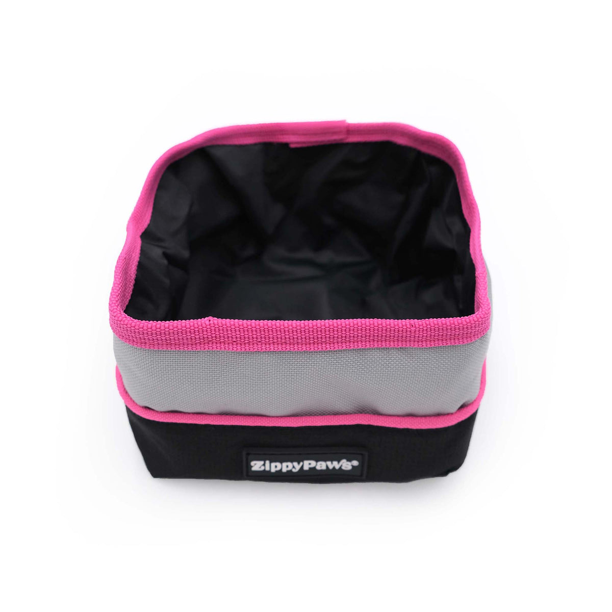 Pink Zippy Paws Adventure Bowl folded flat with its carabiner clip