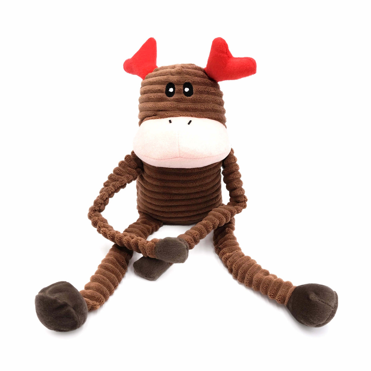 Zippy Paws Christmas Crinkle Reindeer Large dog toy, front view of the brown corduroy reindeer
