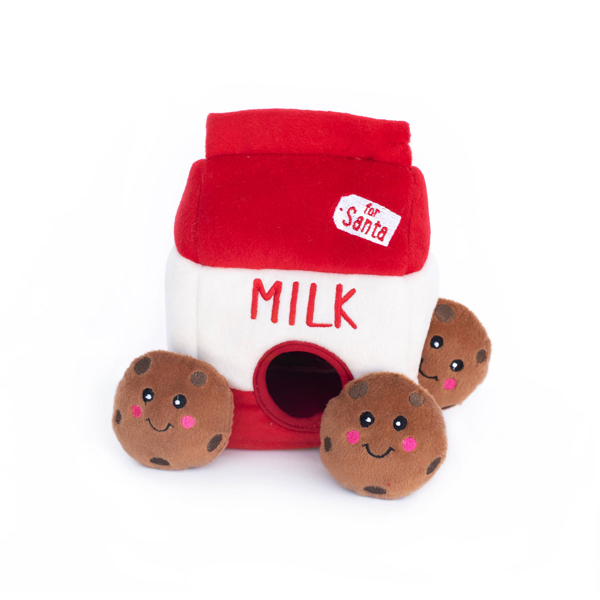 Zippy Paws Christmas Plush Burrow Santas Milk and Cookies dog toy, milk carton with three plush cookies