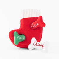 Zippy Paws Christmas Plush Burrow Naughty or Nice Stocking dog toy with the two squeaky bones tucked inside