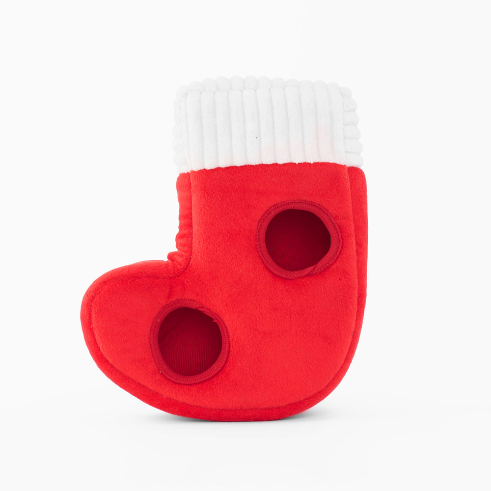 The plush stocking on its own, front view showing the two burrow openings