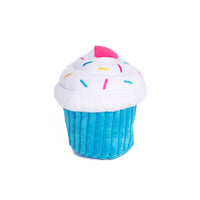 Zippy Paws Birthday Cupcake dog toy in blue, plush cupcake with a candle