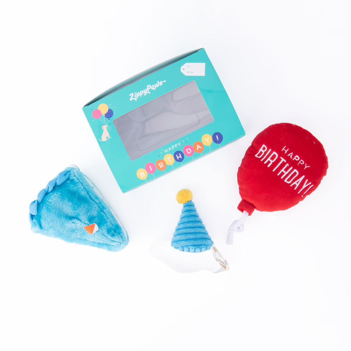 Blue Zippy Paws Birthday Box opened to show the squeaky toys inside