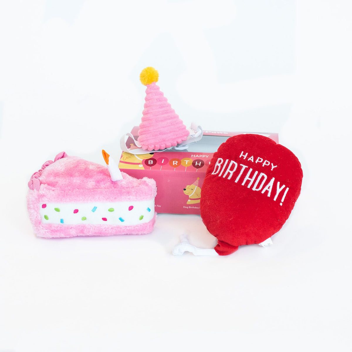 Zippy Paws Birthday Box in pink, dog birthday gift box with plush toys