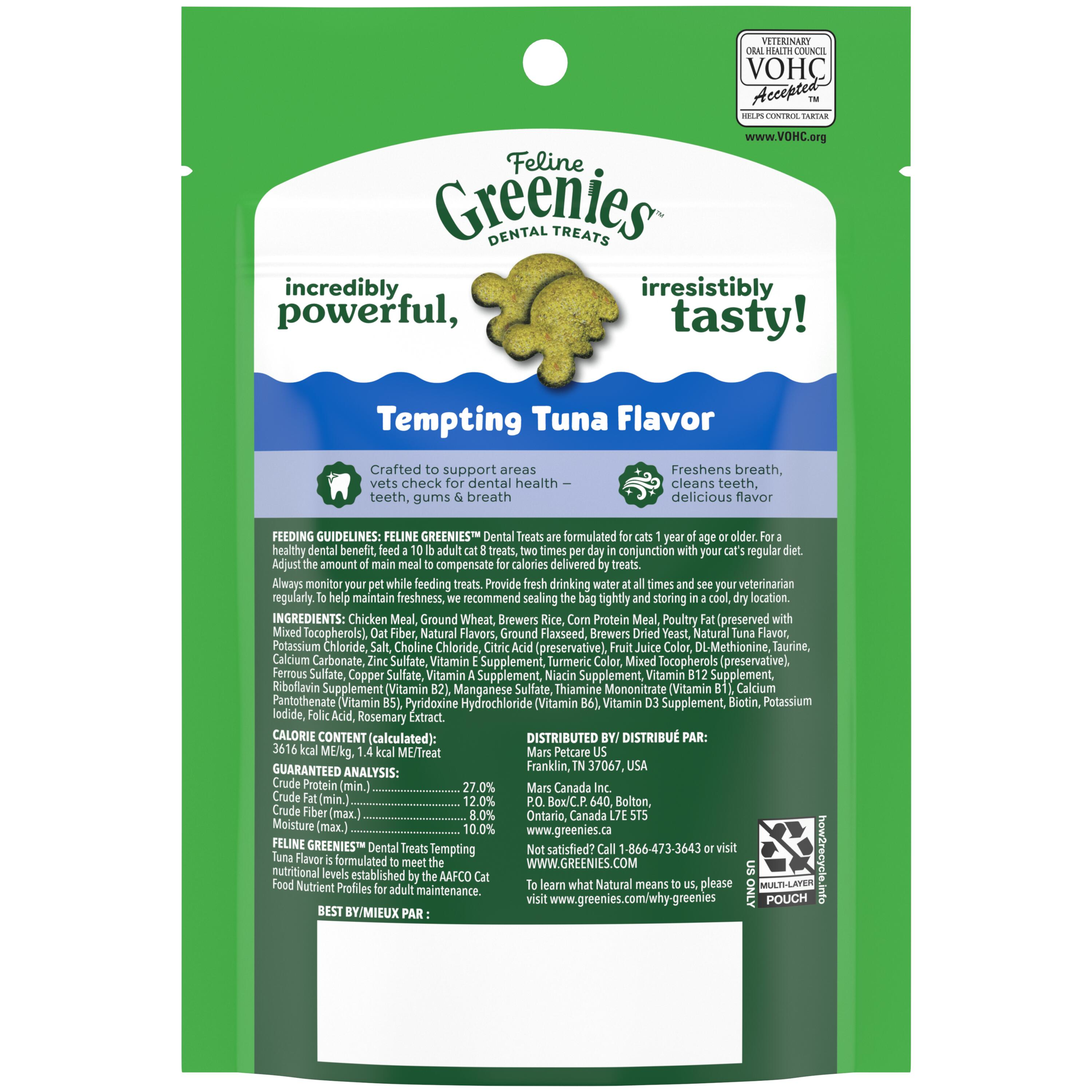 GREENIES Feline Dental Cat Treat Tempting Tuna Flavour back of pack