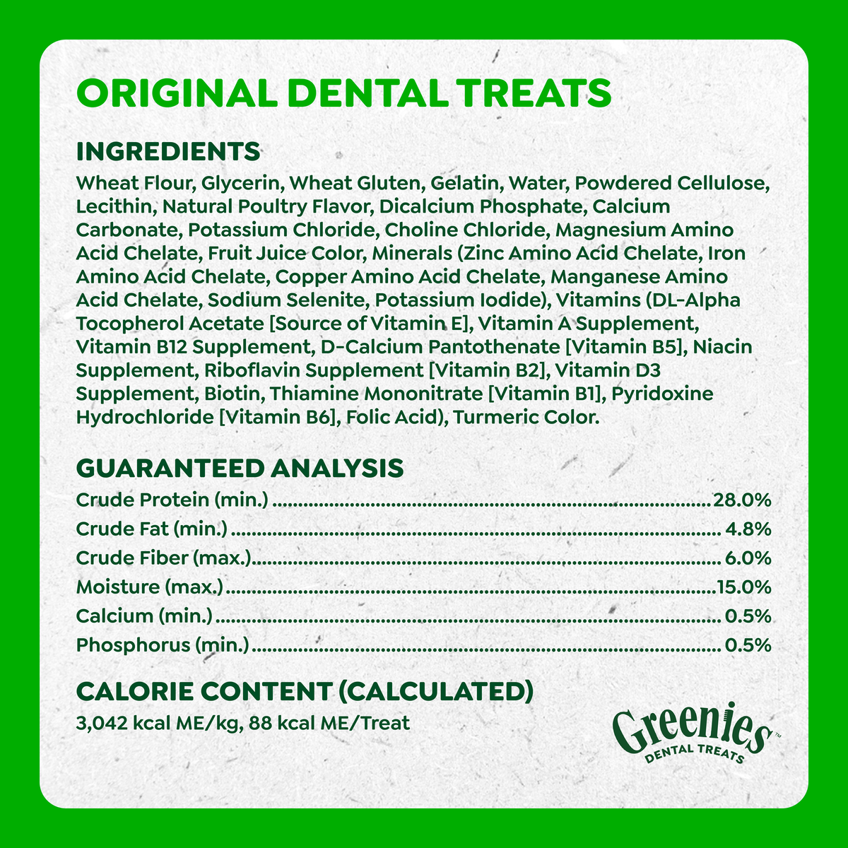 GREENIES Original dental treats ingredients and guaranteed analysis panel