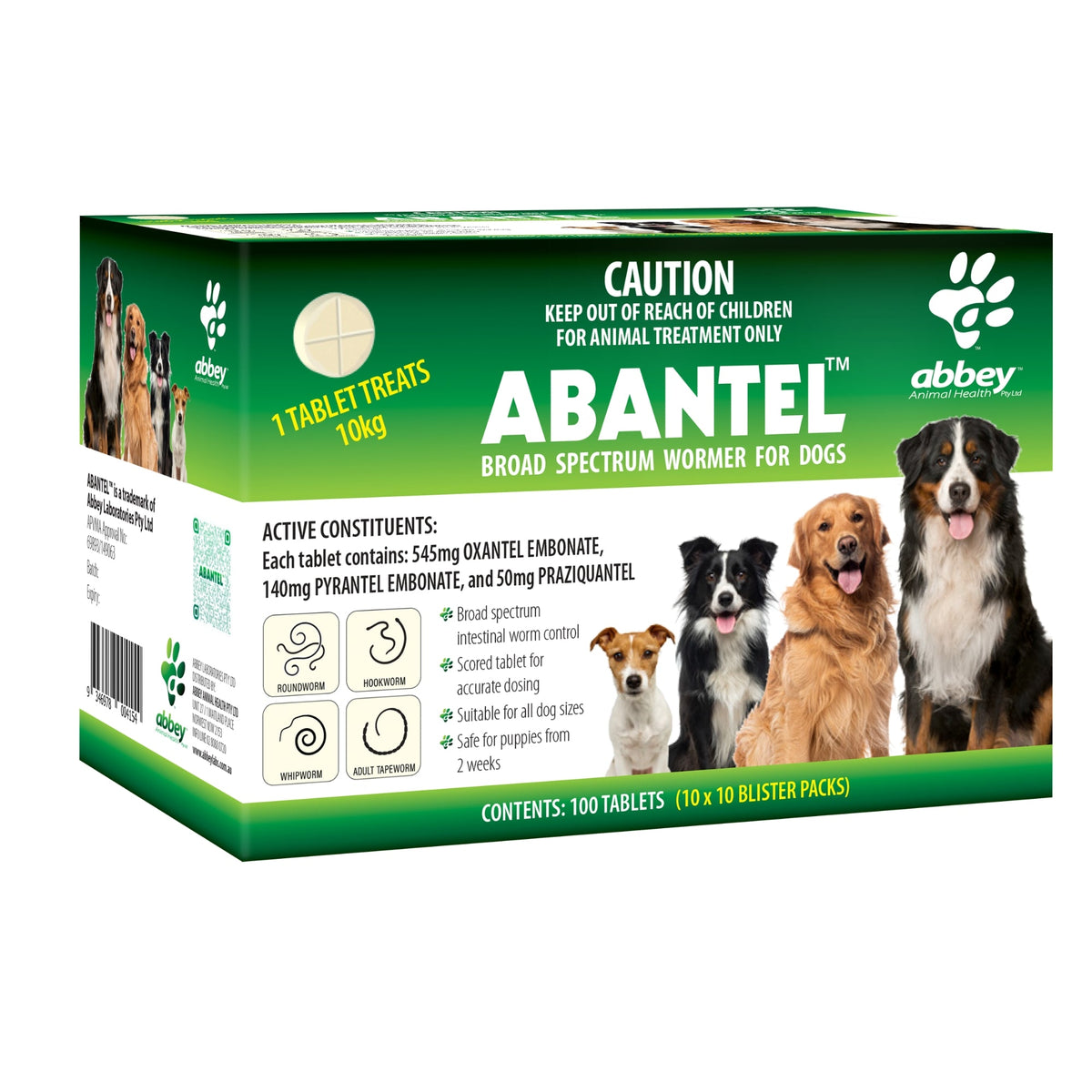 Abantel Broad Spectrum Allwormer Tablets for Dogs, 100 tablet bottle