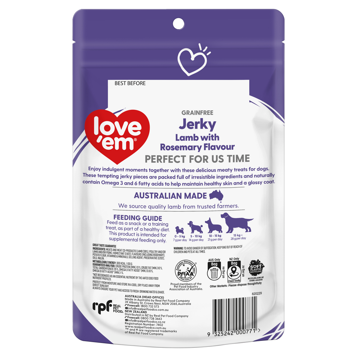 Love'em Lamb with Rosemary Jerky Dog Treats back of pack