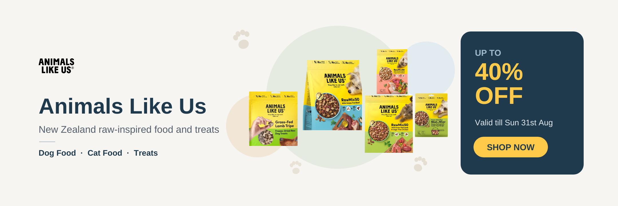 Animals Like Us sale banner, up to 40% off, valid till Sun 31st Aug - desktop