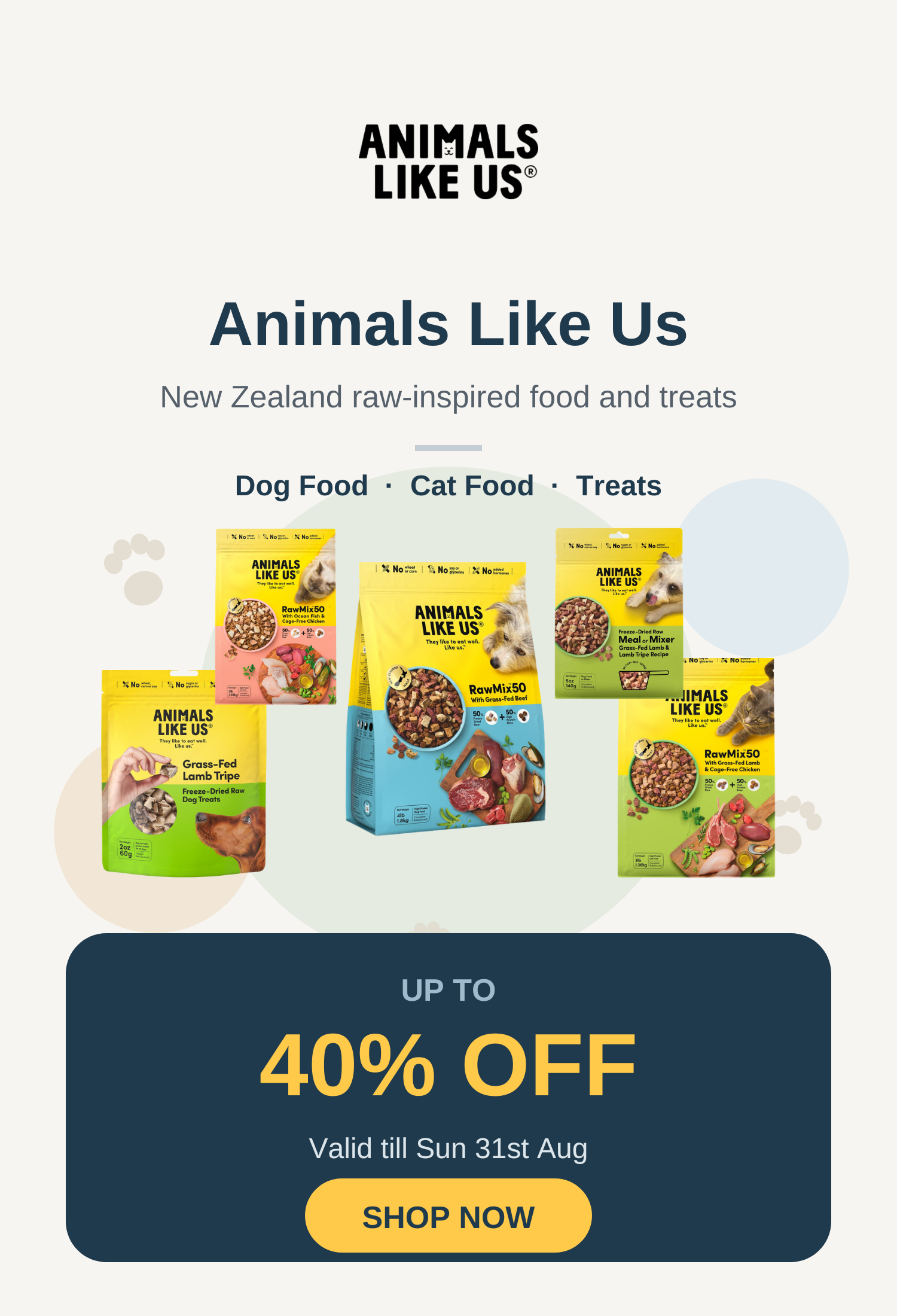 Animals Like Us sale banner, up to 40% off, valid till Sun 31st Aug - mobile
