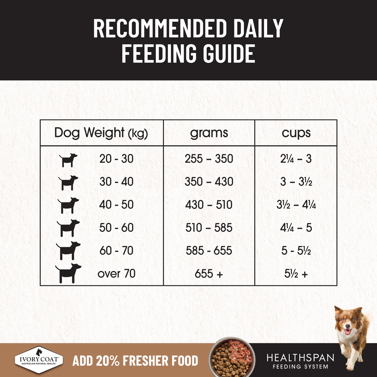 Ivory Coat Large Breed feeding guide, grams and cups per day for dogs 20kg and over