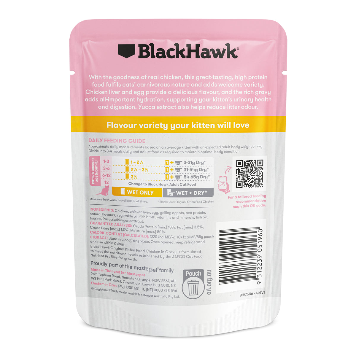Black Hawk Original Kitten Chicken in gravy 85g pouch – back with feeding guide and ingredients