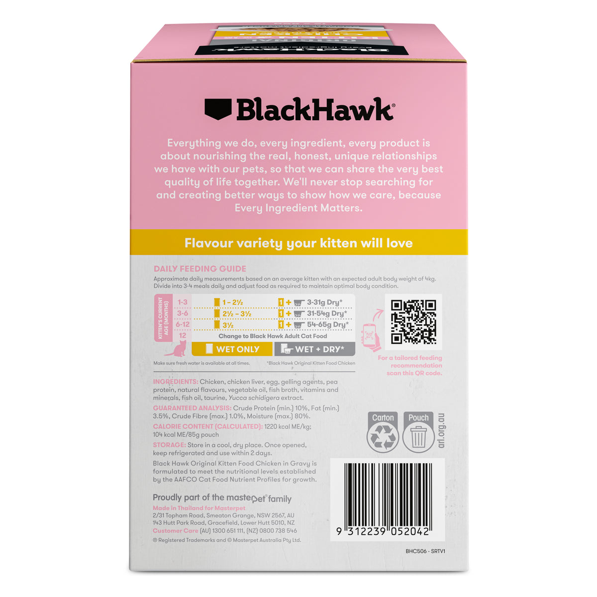 Black Hawk Original Kitten Chicken in gravy carton – back with feeding guide and ingredients