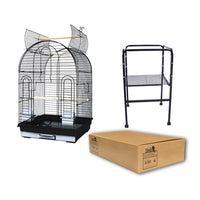 Birdie Round Top Cage in black with matching stand, domed roof and square base