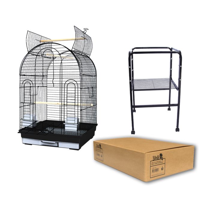 Birdie Round Top Cage in black with matching stand, domed roof and square base