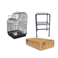 Birdie Wave Top Open Cage in black on a matching black stand, curved top raised