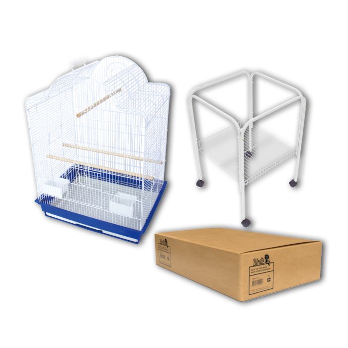 Birdie Arch Top Open Cage in blue on a white floor stand, arched roof open