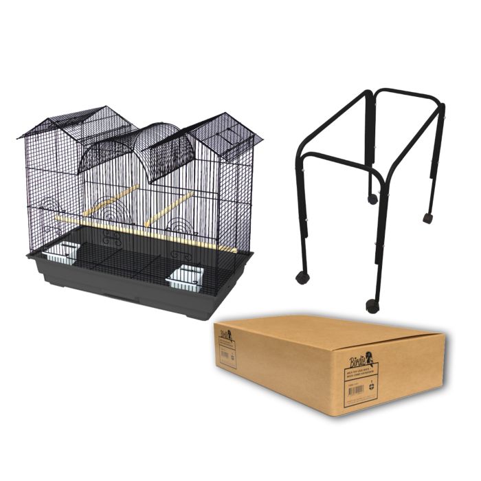 Birdie Triple Top Cage in black with three roof peaks, shown on its matching black stand