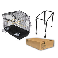 Birdie Bridge Arch Top Cage in black on its matching black stand, arched roof above the bars