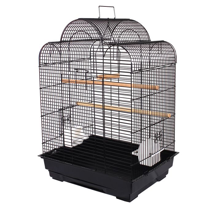Birdie Cathedral Roof Cage in black with its pointed roof over a 47 x 36 x 66cm frame