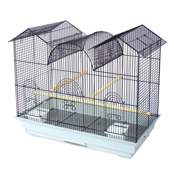 Birdie Flight Cage in black with a peaked dome roof, wider than it is tall at 66cm across