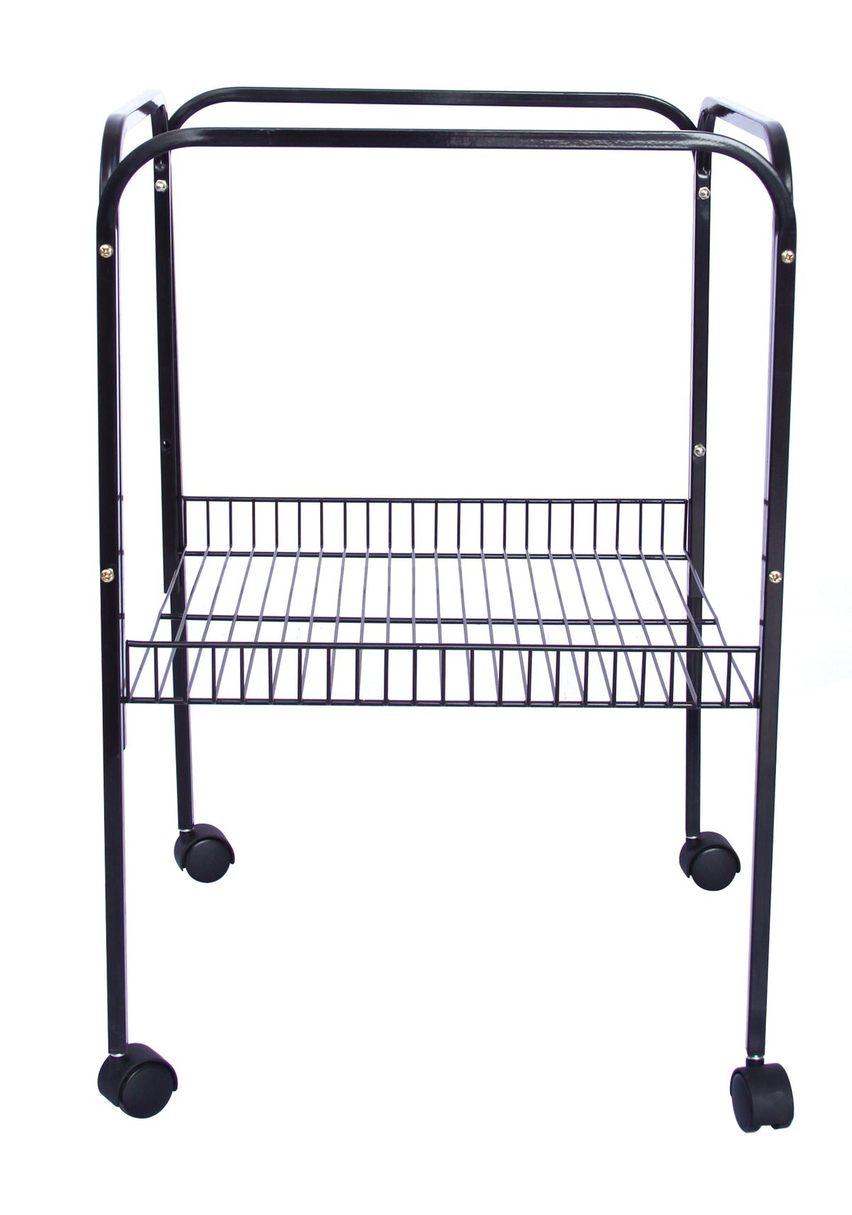 Birdie Cage Stand in black, a wheeled four-leg frame with a wire lower shelf, shown with no cage fitted