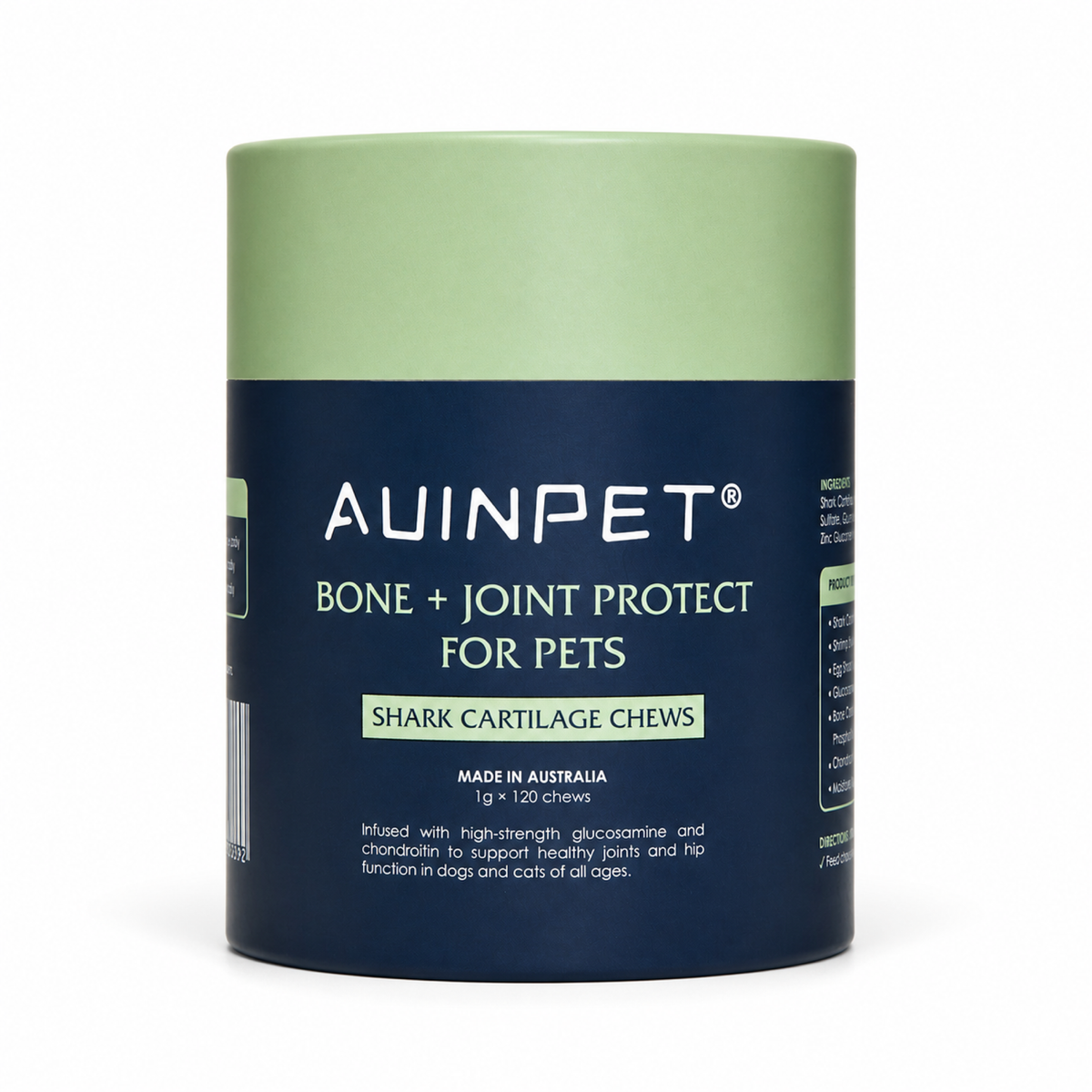 Front of the Auinpet Bone + Joint Protect for Pets tube of shark cartilage chews, made in Australia