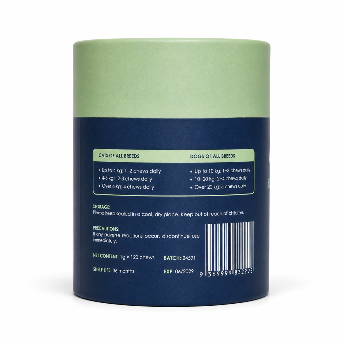 Back of the Auinpet Bone + Joint Protect for Pets tube with the dosage guide by pet weight and barcode