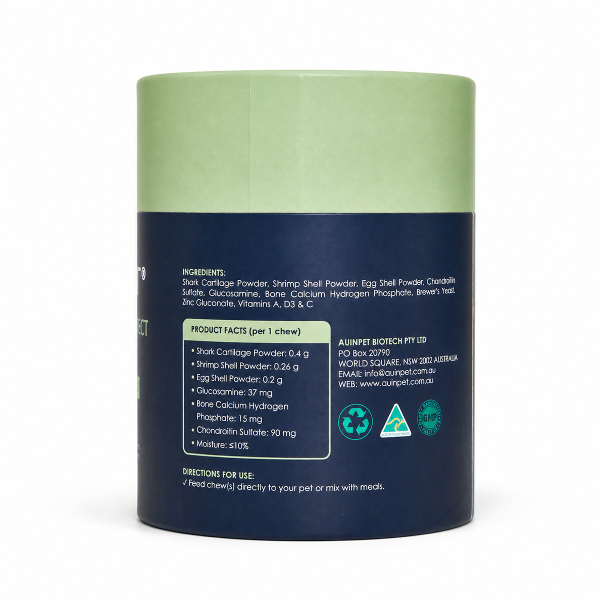 Side panel of the Auinpet Bone + Joint Protect for Pets tube listing ingredients and product facts